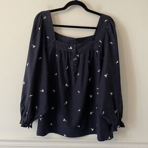 Lauren Conrad Milkmaid Floral Embroidered Top Navy XXL Boho Peasant Prairie
